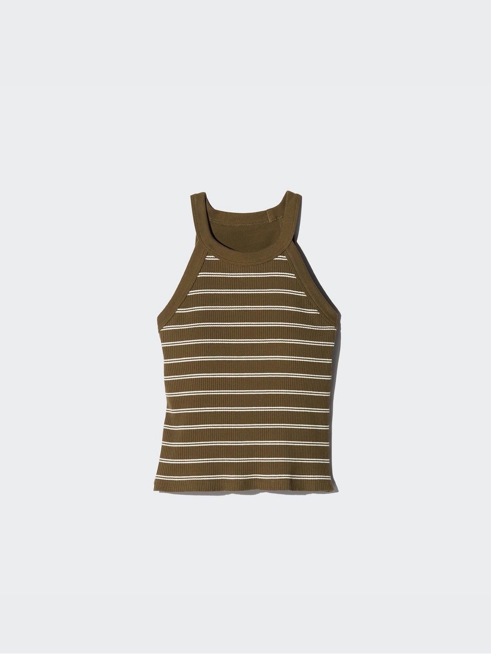 Uniqlo Olive Green and White Striped Ribbed Halter Tank